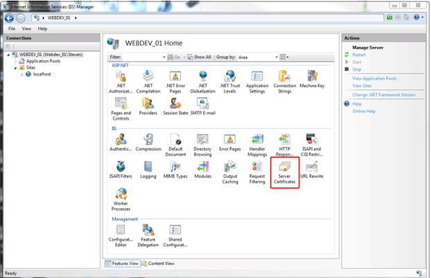 iis manager select server certificate