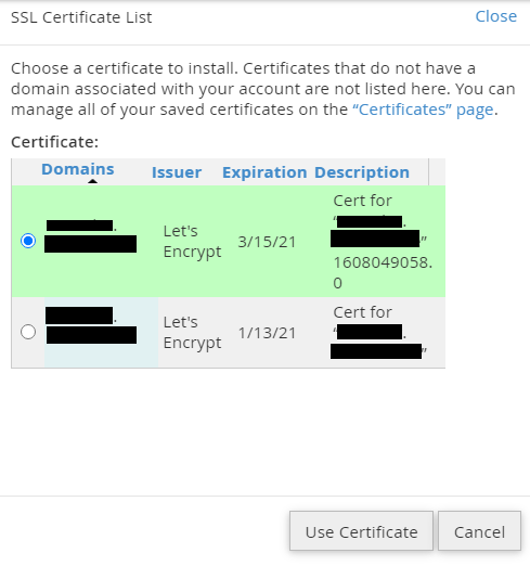 ssl certificate list