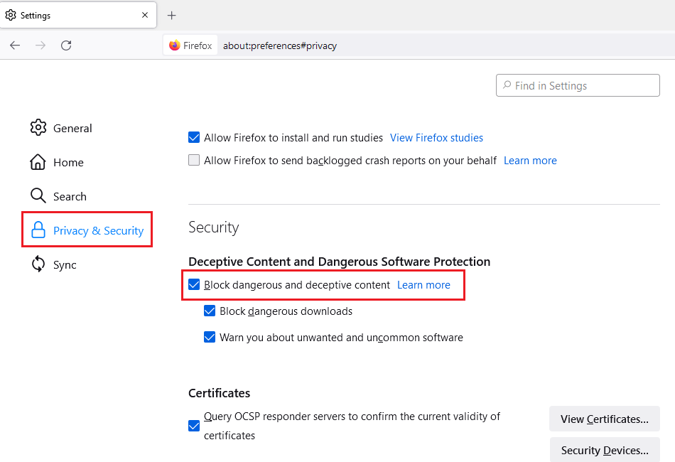 firefox block dangerous and deceptive content option